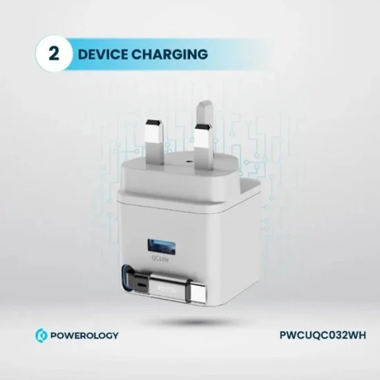 Wall Charger Dual Port | Retractable Gan Charger Powerology - White